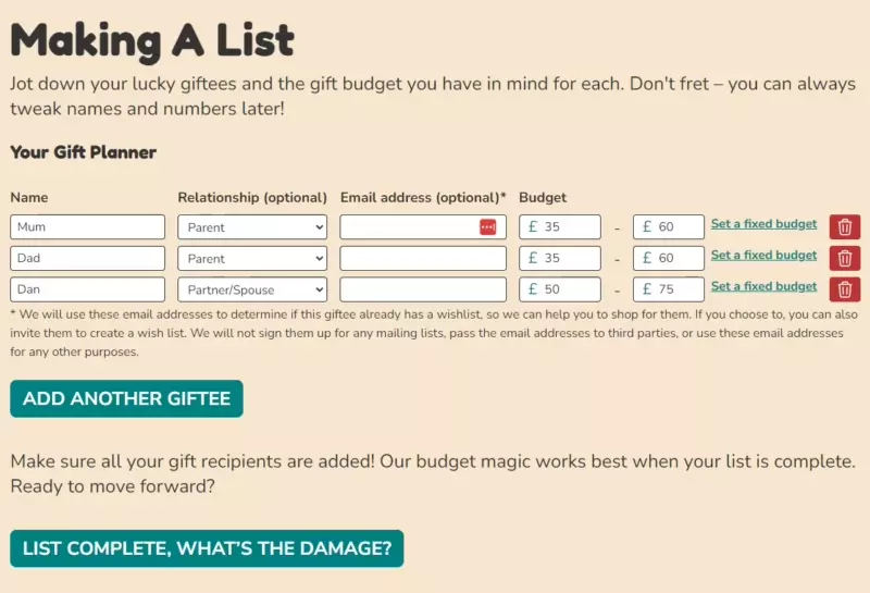 An animation showing someone listing the people they plan to buy gifts for, and how much they want to spend on each person. The website then shows them their total, and they choose to adjust their total spend down a bit to match their budget.