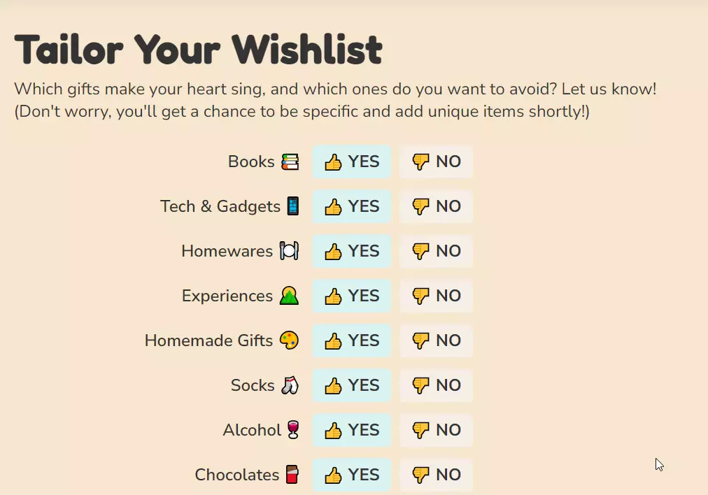 An animation showing someone answering &ldquo;Yes&rdquo; and &ldquo;No&rdquo; to a variety of common gift categories, such as socks, chocolate, books, and alcohol.